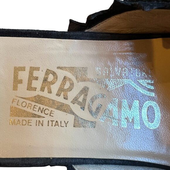 VTG Salvatore Ferragamo Black Suede Mules Size 9B Square Toe Slip On Italy - Picture 7 of 10